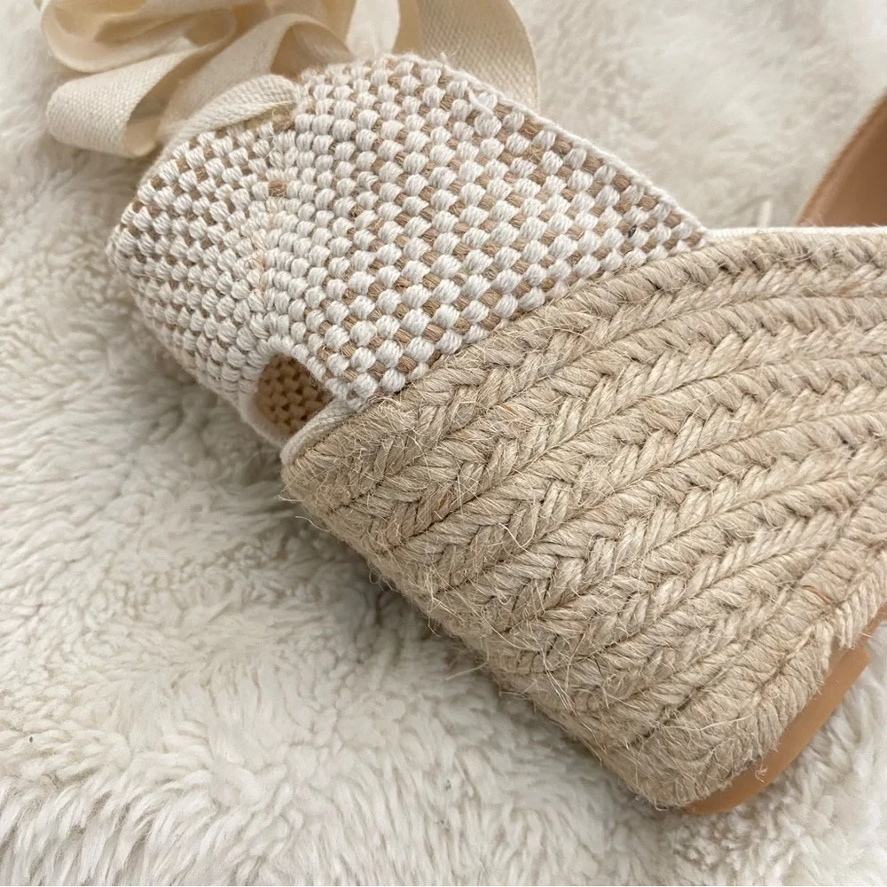 J. Crew Cream Round Toe Canvas Espadrille Wedges Size 9.5 Made in Spain